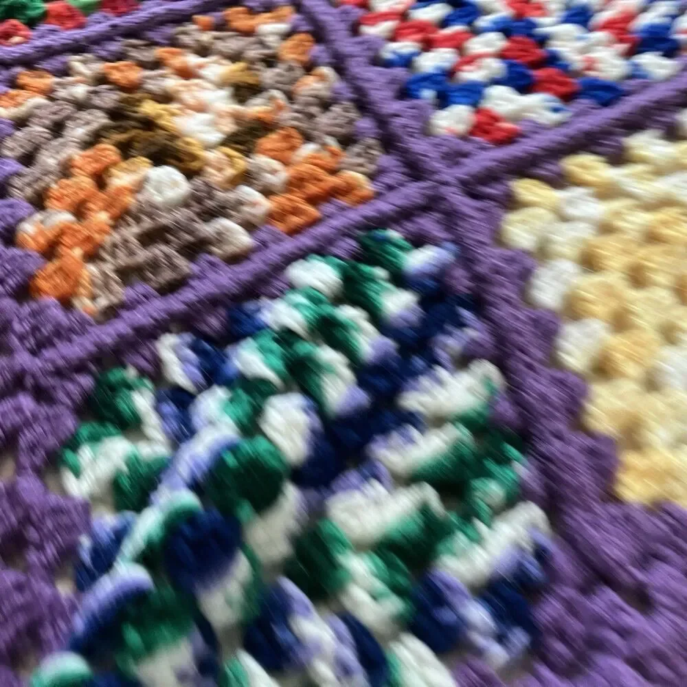 Vtg Granny Square Handmade Crochet Afghan Blanket Multicolor 51x60 Fringe